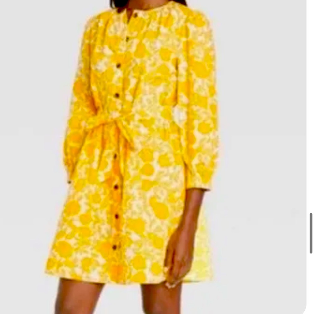 Who What Wear Yellow Floral Tie-Waist Button-Front Dress